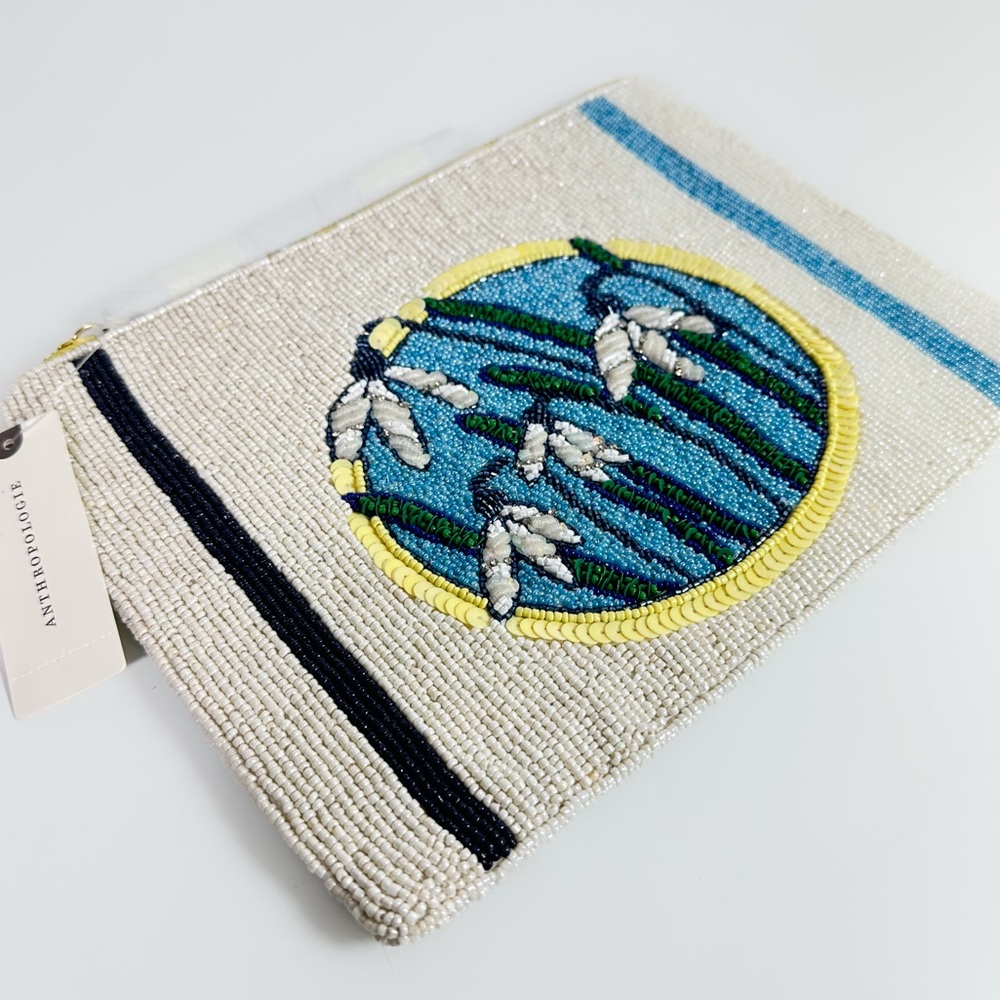 Anthropologie The Fiona Large Beaded Pouch Blue Flower Edition NWT - Picture 1 of 15